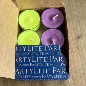PartyLite Purple Yellow box of 12 Tea light candles Hocus Pocus Abracadabra